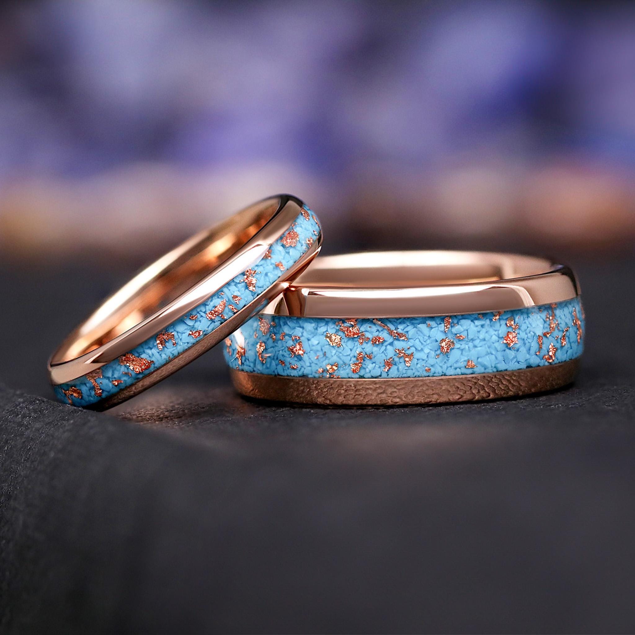 Western Crushed Turquoise Wedding Band, Rose Gold Foil Tungsten Ring