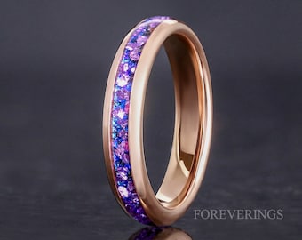 Crab Nebula Ring, Alexandrite Wedding Band, Rose Gold Outer Space Ring, Women Men Ring, 4mm Tungsten Ring, Dome, Polish, Comfort Fit
