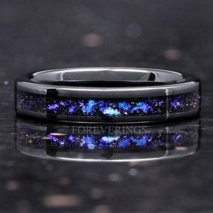 Orionnebel Ring Schwarzer Keramik Ehering 4 mm, Frauen Männer Ring flach, Unikat Ehering, Blauer Nebel, Ringgravur