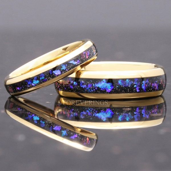 Orion Nebula Ring Set Gold, His and Her Tungsten Wedding Band, 6mm & 4mm Yellow Gold Ring, Outer Space Couples Ring, Dome, Ring Engraving