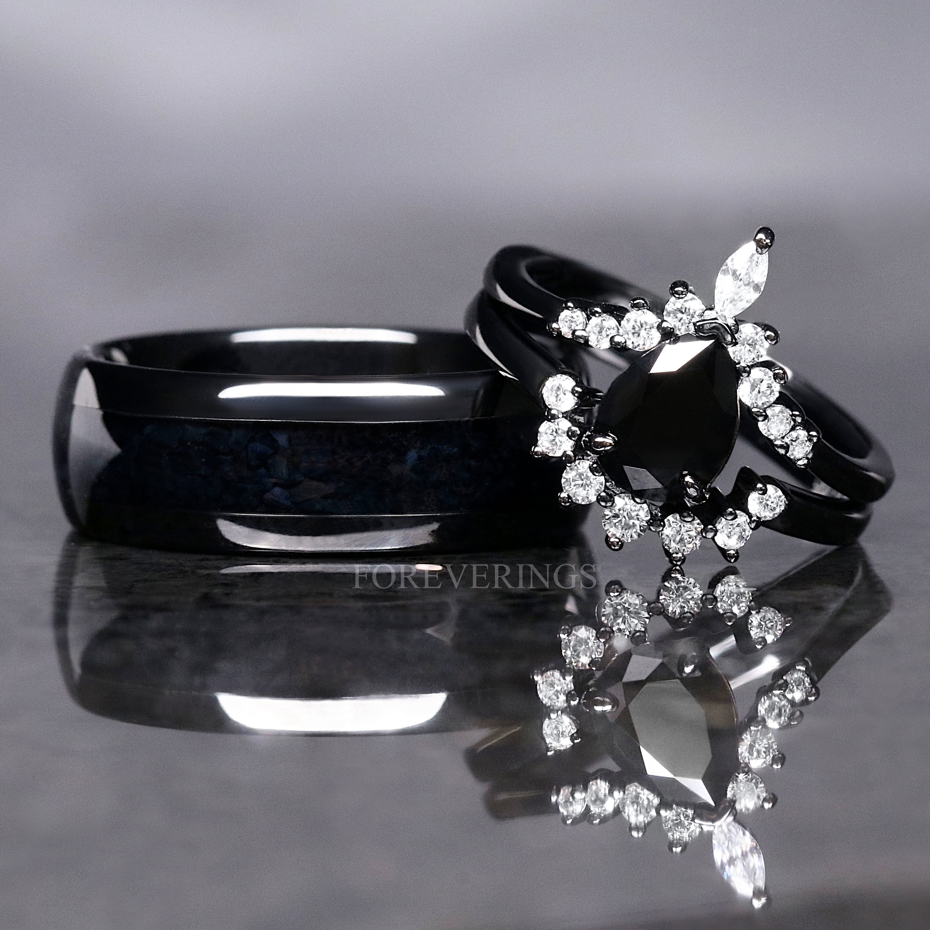 Black Onyx Ring Set, His and Hers Wedding Band, Couples Rings, His Black Tungsten and Her Black Rhodium 925 Silver Ring Set, Pear Cut, image size:3000x3000
