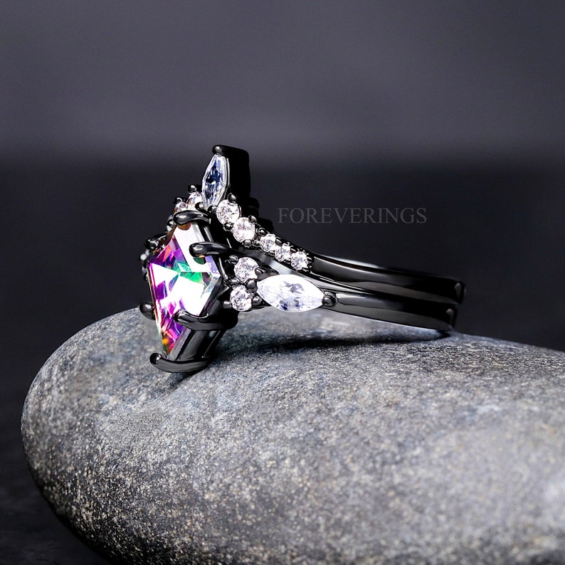 His and Her Mystic Topaz Galaxy Ring Set, Cass Supernova, Black Engagement Ring Set, Unique Couple Ring, Alternative Wedding Ring, Engraving image 5