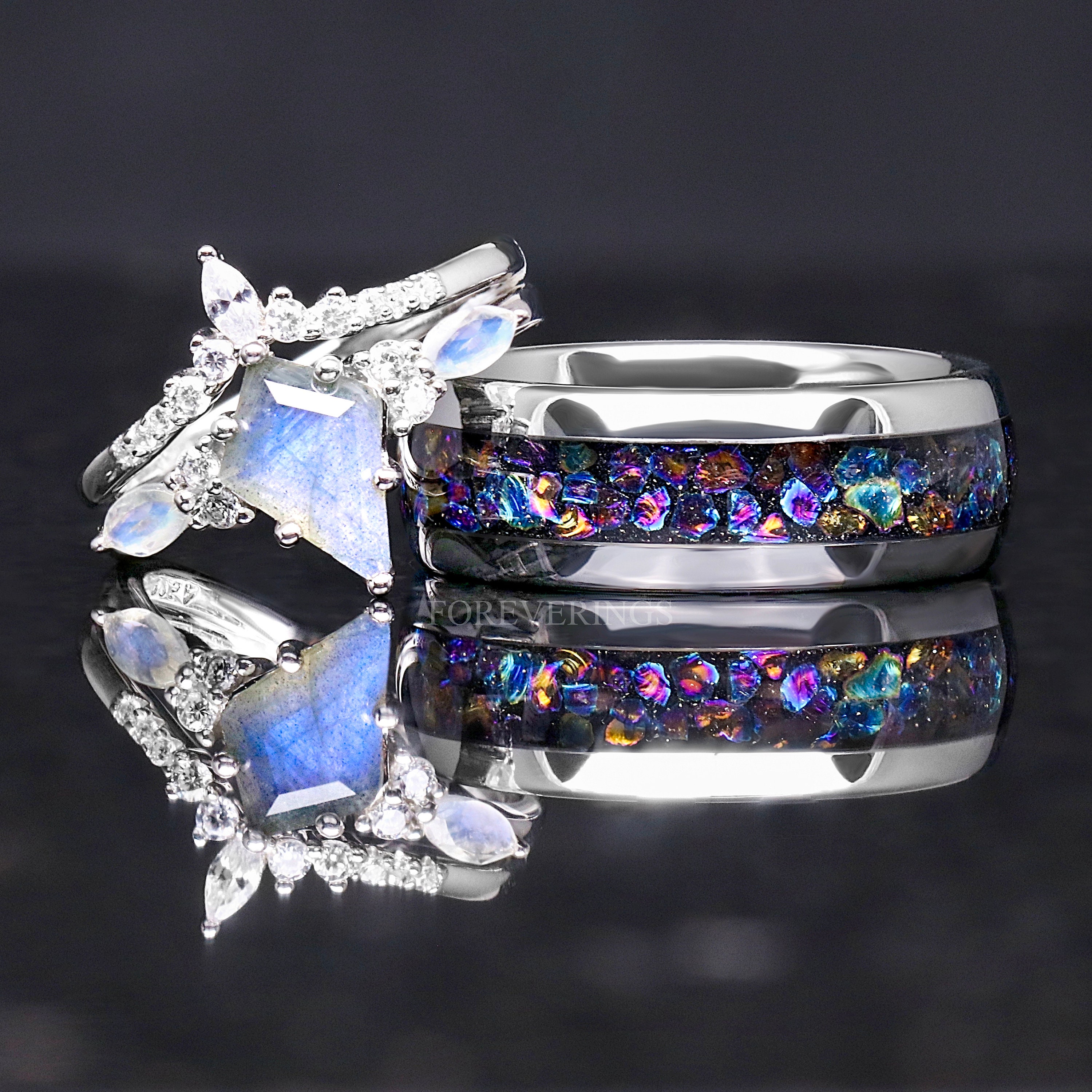 Galaxy Labradorite Engagement Ring Set Woman, Veil Nebula
