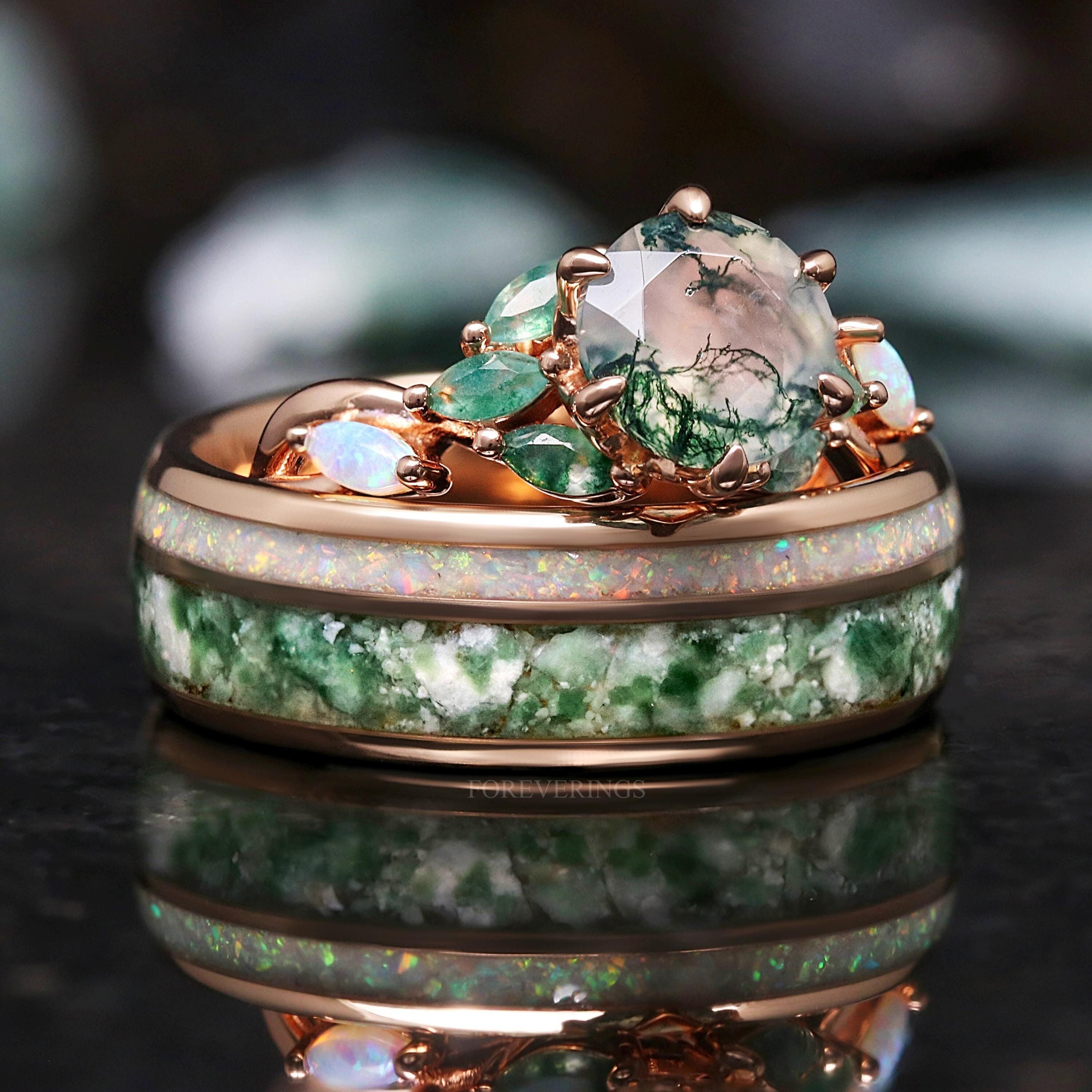 18k Rose リング アメカジ ネイティブアクセサリー Nesta Rose Gold Moss Agate Ring Set - Unique Rose Gold Engagement