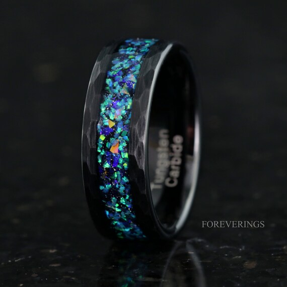 Galaxy Opal Ring Men Tungsten Wedding Band 8mm Black Tungsten Ring Flat Hammered Comfort Fit Birthday Anniversary Gift for Him