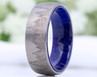 8mm Blue Wood Ring, Men Tungsten Wedding Band, Elder Wood, Forest Trees Band, No Plating, Brushed, Nature Landscape Ring, Dome, Comfort Fit