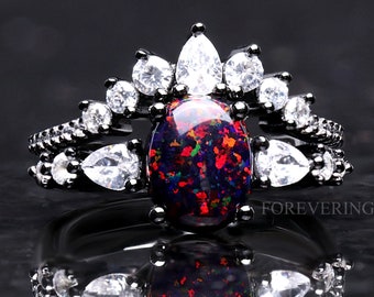 Vintage Black Fire Opal Ring Set, Black Rhodium Plated Sterling Silver Wedding Band, Black Engagement Ring Set, Black Gold Filled Ring Set