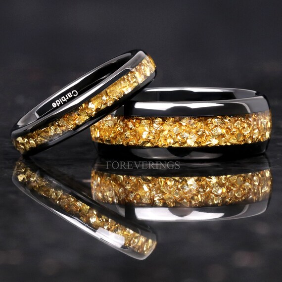 4mm Tungsten Wedding Band Crushed Citrine Glass Stones Black