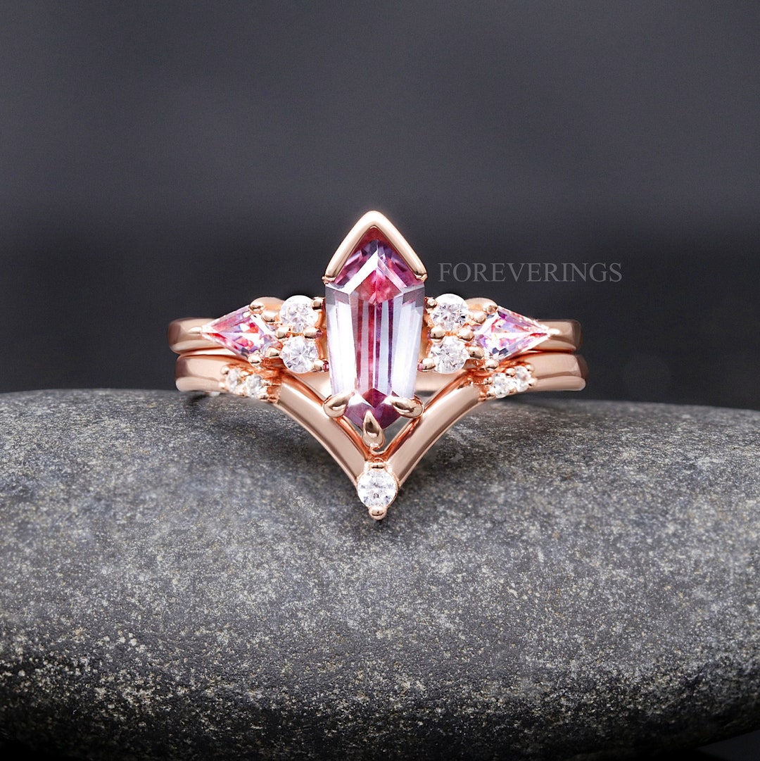 Rose Gold Alexandrite Alternative Engagement Ring Set, Crab Nebula Ring ...