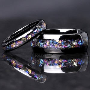 Schleier Nebula Ring Set, Wolfram Ehering, 8 mm & 4 mm Schwarzer Ring, Outer Space Paare Ring Set, Polieren, Dome, Comfort Fit