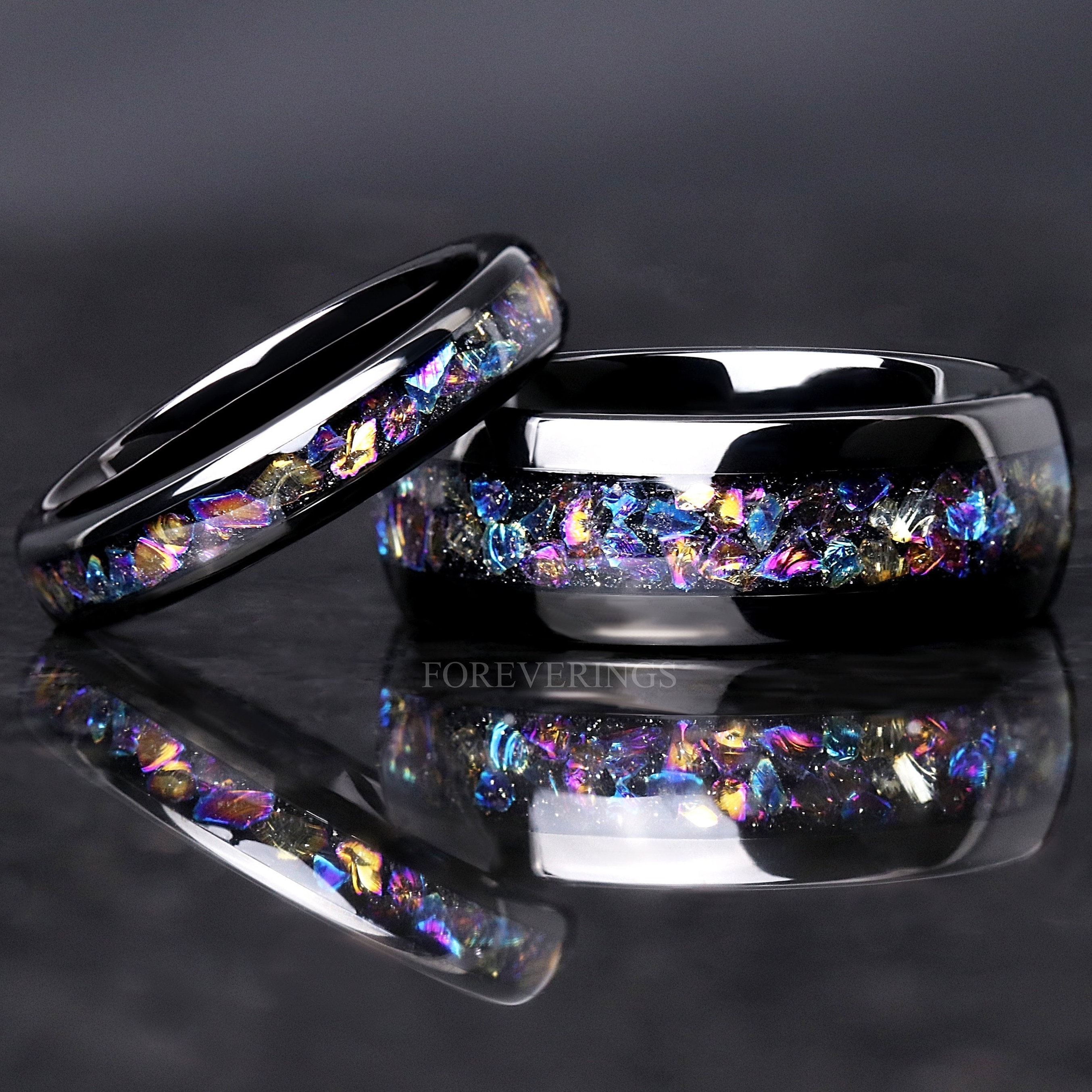 Veil Nebula Ring Set, His and Her Tungsten Wedding Band, 8mm & 4mm