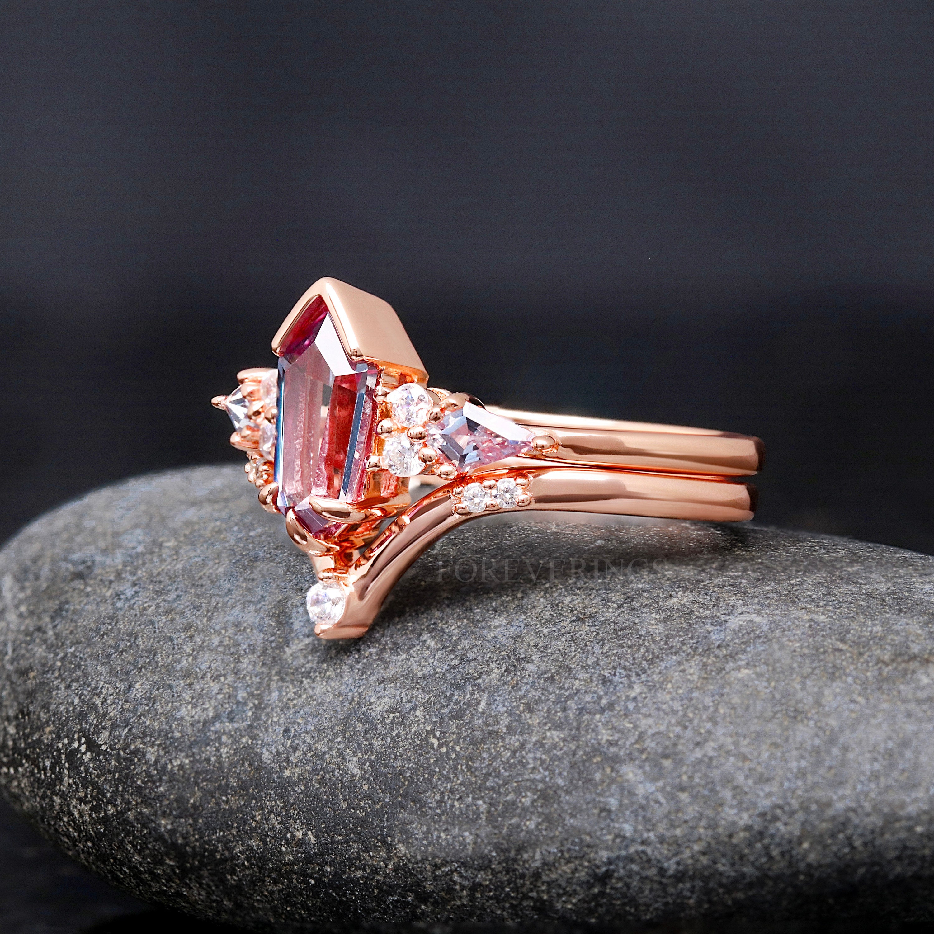 Rose Gold Alexandrite Alternative Engagement Ring Set, Crab Nebula Ring ...