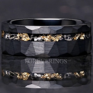 Meteorite Gold Leaf Ring, Mens Wedding Band, Brushed Black Hammered Tungsten Ring, Unique Real Meteorite Ring, Offset, Man Space Ring