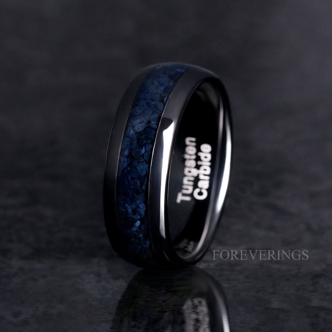 Black Onyx Modern Mens Wedding Band, 8mm Black Tungsten Ring, Crushed ...