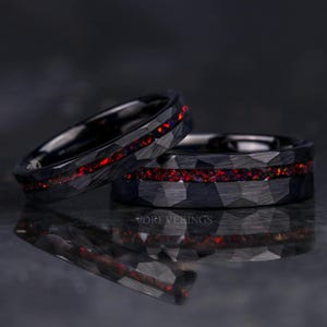 His and Hers Tungsten Wedding Band Set, Crushed Black Fire Opal, 6mm & 4mm Black Tungsten Rings, Hammer, Flat, Matte Brushed, Comfort Fit