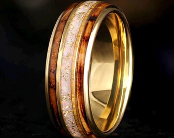 Gold Opal Wedding Band for Men with Whiskey Barrel Wood and Gold Foil