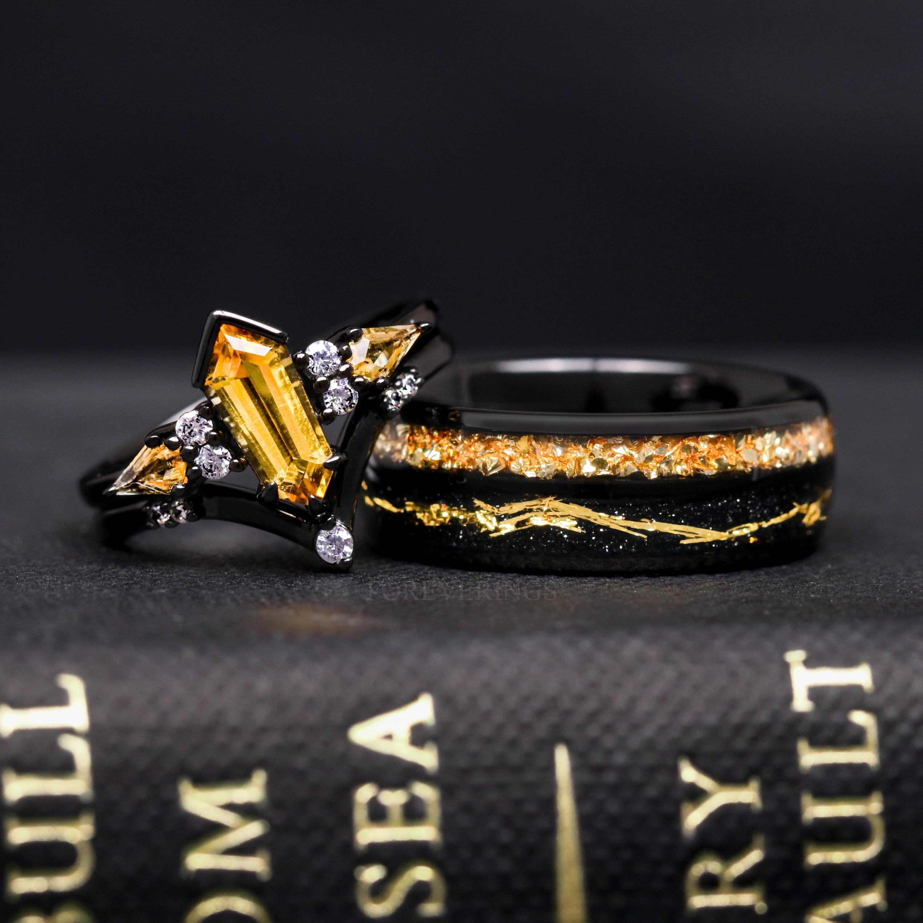 Citrine Couple Ring Set, Black & Gold Alternative Engagement Ring Set, Unique Black Band, Wedding or Promise Ring, Matching His and Her Ring