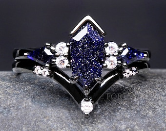 Great Rift Nebula Ring Coffin Kite Cut Sandstone, Black Rhodium Engagement Ring Set, Black Ring, 925 Sterling Silver, Blue Sandstone