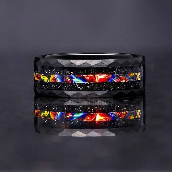 Drogon Red Nebula Ring Black Hammered Tungsten Wedding Band, Dichrolam, Man Galaxy Space Ring, Unique Wedding Band for Him, Ring Engraving