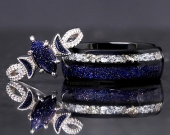 Lunara Starry Night Ring Set, His Her Wedding Ring, Unique Couples Ring, Great Rift Nebula, Crescent Moon Ring, Match Promise Ring, Engrave