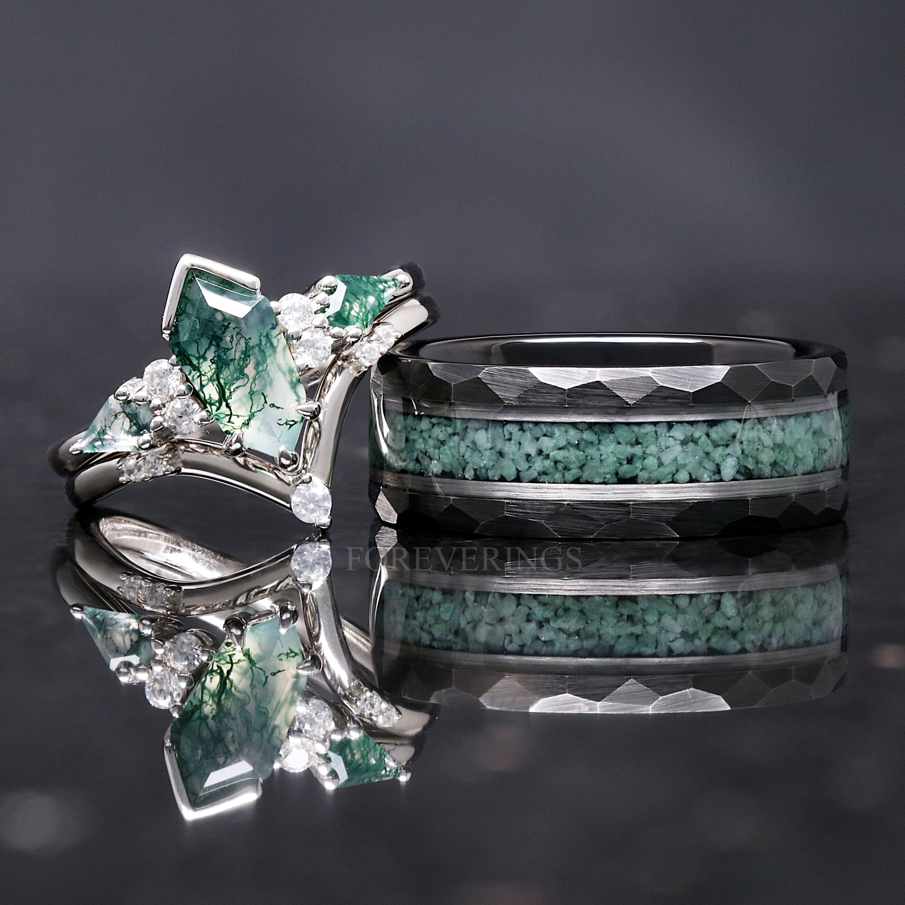 Green Moss Agate Coffin Kite Ring Set, His and Her Wedding Band