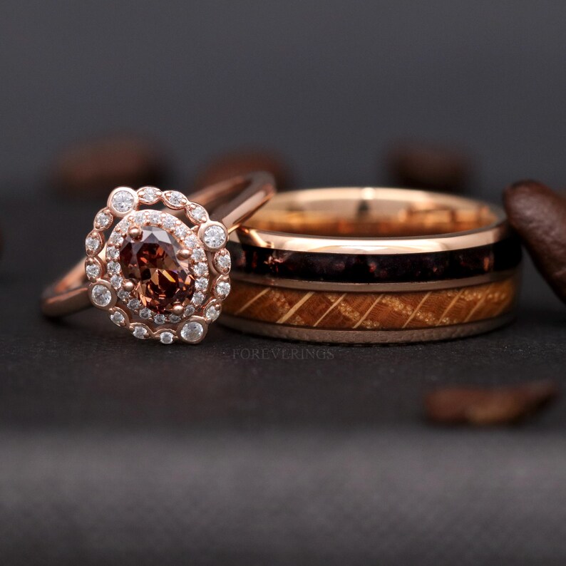 Coffee and Whiskey Engagement Ring Set, His and Her Rose Gold Wedding