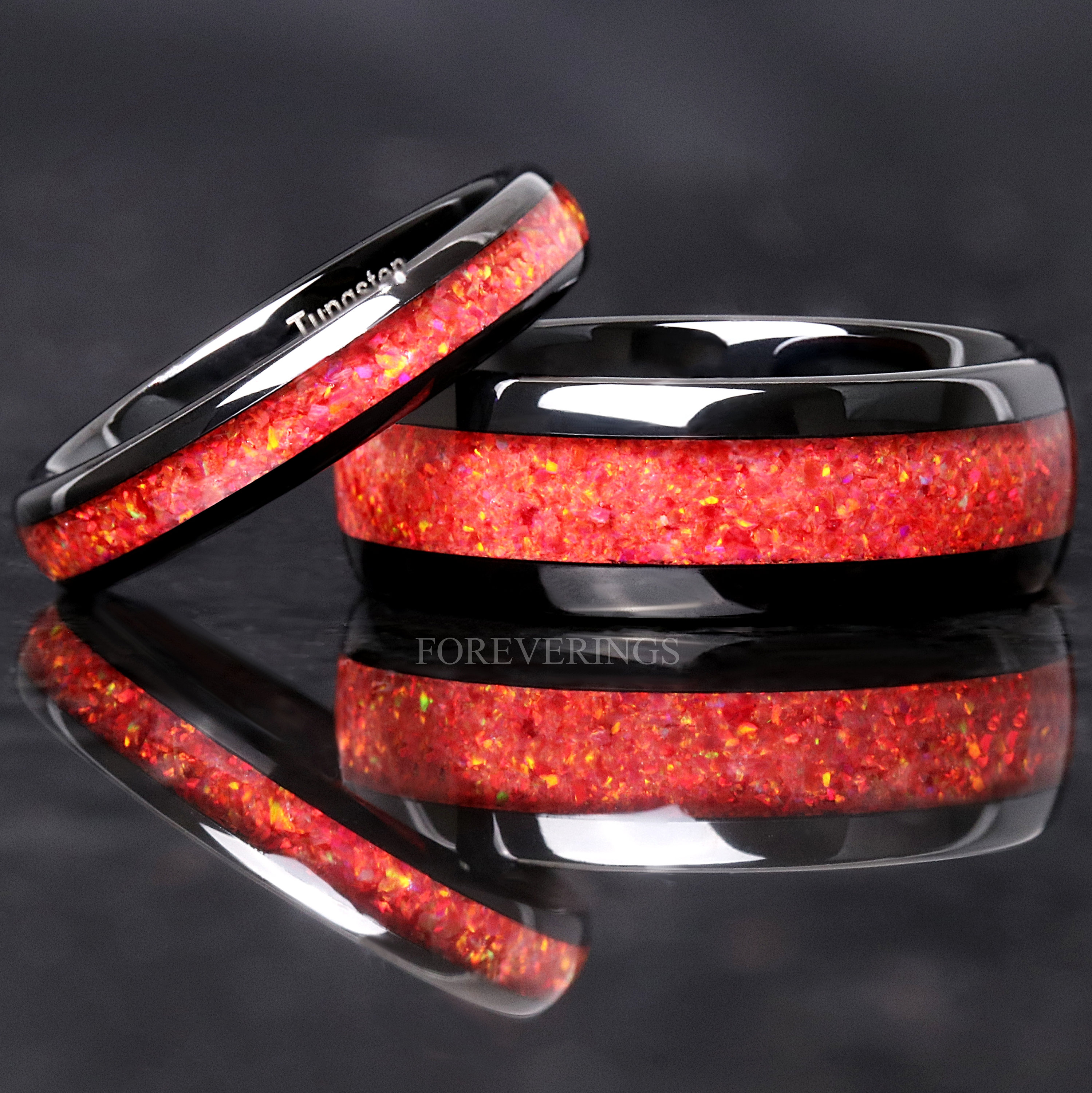 His & Hers Wedding Ring Set- Black Ceramic Ring Set with Red Fire Opal & Glowstone Inlay - 8mm & 6mm Rings - Sizes 5-13 - Orth Custom Rings