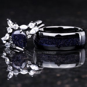 Great Rift Nebula Ring Set, His and Hers Wedding Band, Black Ring, Outer Space Couples Ring, Black Plated Tungsten and 925 Silver