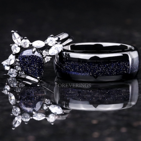 Conjunto de anillos de la Nebulosa de la Gran Grieta, alianzas de boda para él y para ella, anillo negro, anillos para parejas del espacio exterior, tungsteno chapado en negro y plata 925, arenisca.