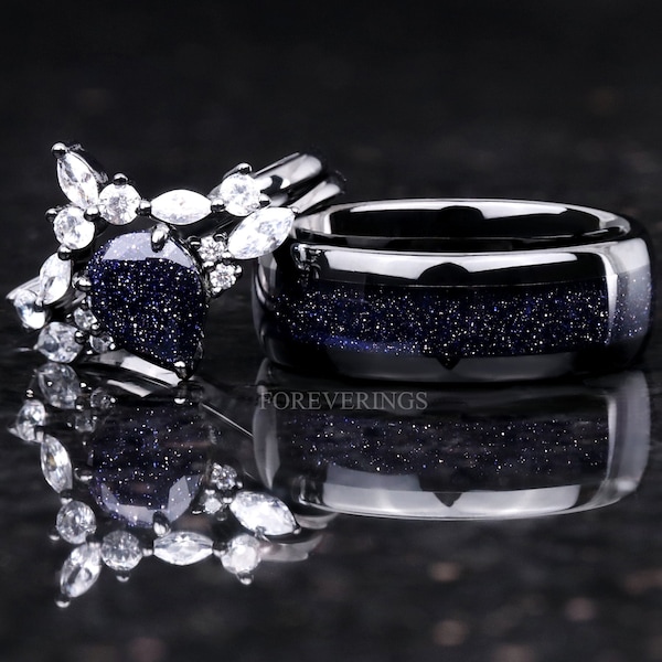 Great Rift Nebula Ring Set, His and Hers Wedding Band, Black Ring, Outer Space Couples Ring, Black Plated Tungsten and 925 Silver