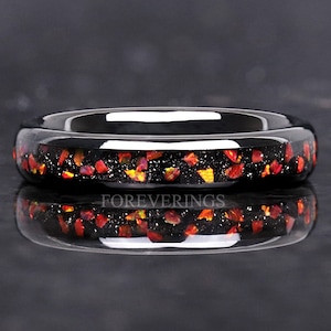 Anillo de nebulosa de ópalo de fuego rojo, alianza de boda de tungsteno de 4 mm, ópalo de fuego rojo, anillo para hombre y mujer, anillo negro, anillo de ópalo rojo, cúpula, pulido, ajuste cómodo