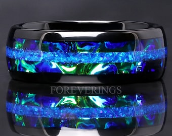 Azure Blue Fire Opal Tungsten Wedding Band, Man Nebula Ring, Blue Space Ring, Dichrolam, Black Ring for Him, Unique Man Ring, Engraving