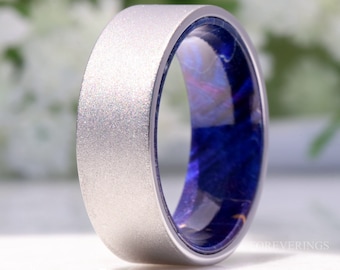 Blue Elder Wood Ring, 8mm Silver Tungsten Ring, No Plating, Mens Wedding Band, Sandblasted, Flat, Comfort Fit