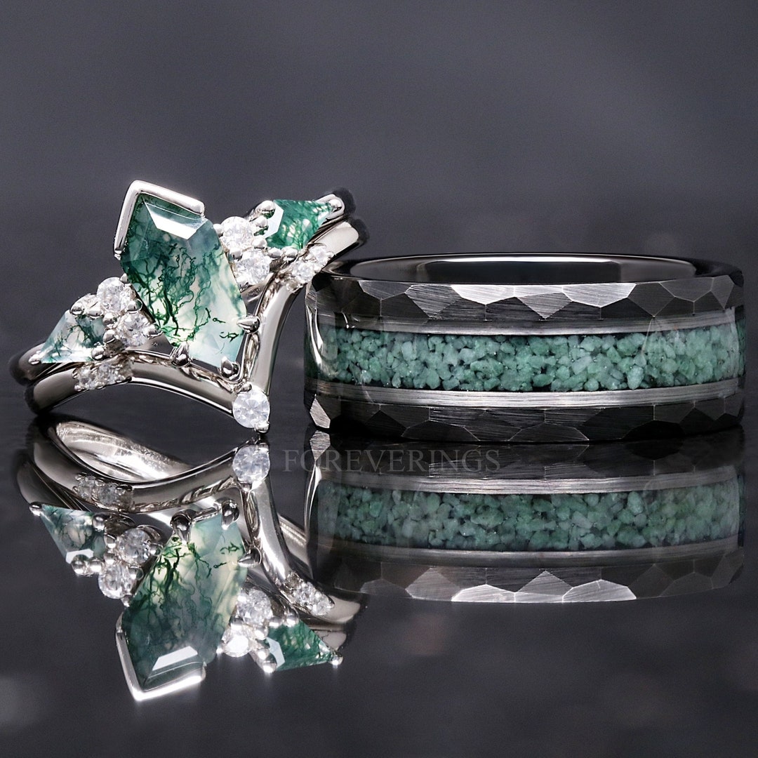 Green Moss Agate Coffin Kite Ring Set, His and Her Wedding Band