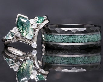 Groene Moss Agate Coffin Kite Ring Set, Zijn en Haar Trouwring, 925 Zilver, Matching Nature Couples Ring, Alternatieve verlovingsring