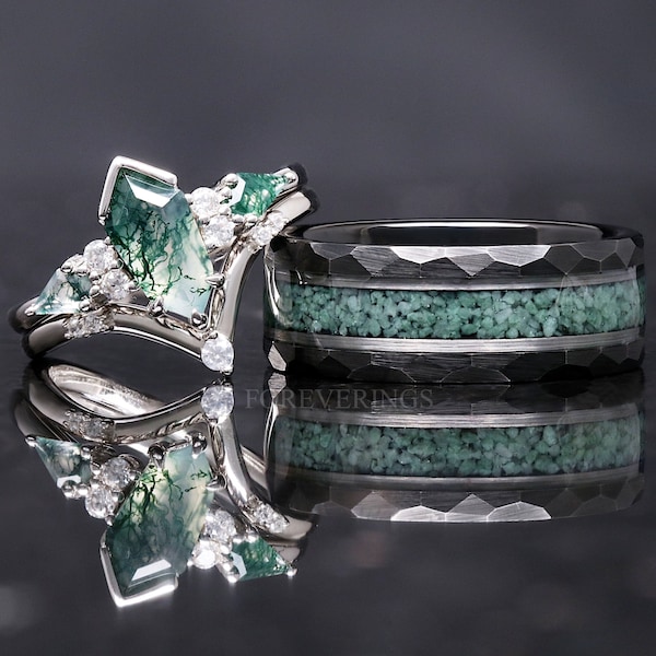 Conjunto de anillos de cometa de ataúd de ágata de musgo verde, alianza para él y para ella, plata 925, anillo de parejas de naturaleza a juego, anillo de compromiso alternativo