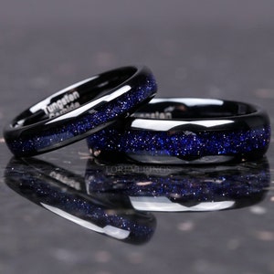 Great Rift Nebula Ring Set, His and Hers Tungsten Wedding Band, 6mm & 4mm Black Ring, Space Couples Ring, Polish, Dome, Blue Sandstone Band