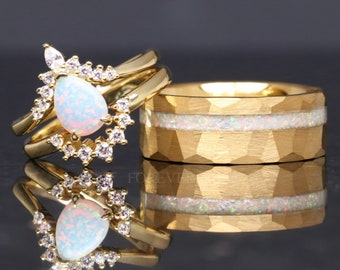Weiß Feueropal Ring Set, Passende Opal Ringe, Sterling Silber und Gold Wolfram, Gehämmert, Paare Ring, Einzigartige Verlobungsring Set