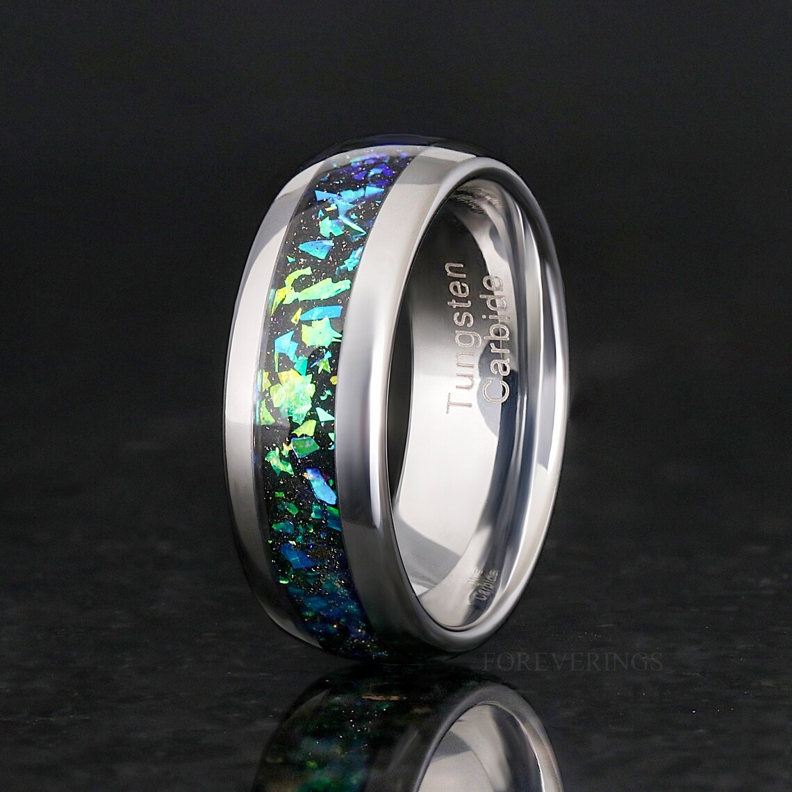 Rosette Nebula Man Wedding Band, Silver Tungsten Band, Green Space Ring ...