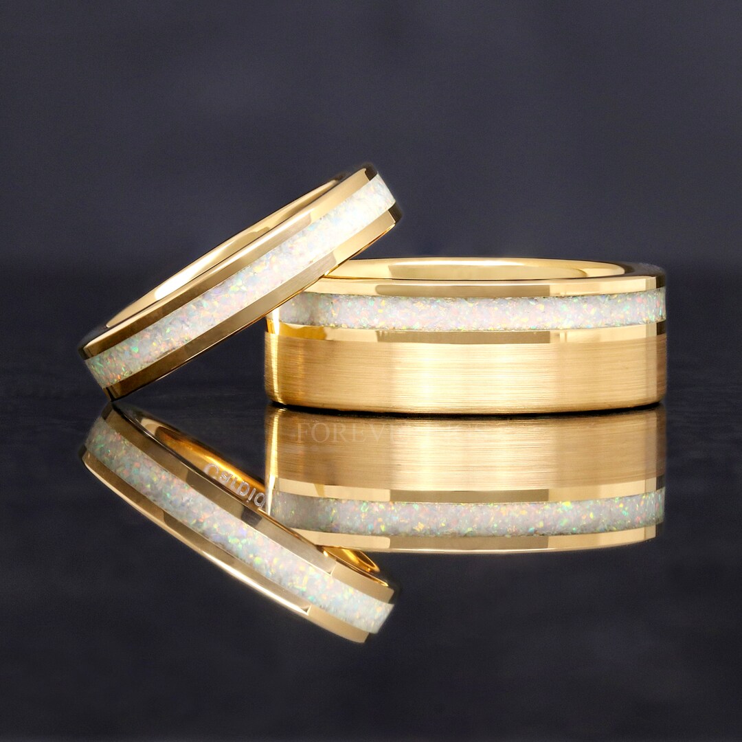 Matching Opsite Rings His and Hers Opal Ring Set, Gold Opal Wedding Band, Gold Tungsten Ring ...