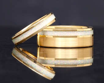 His and Hers Opal Ring Set, Gold Opal Wedding Band, Gold Tungsten Ring, White Fire Opal, 8mm & 4mm Matching Bands, Couples Ring, Engraving