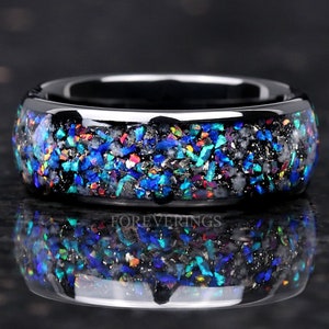 Glow Meteorite Opal Ring for Him, Glow in the Dark, Black Tungsten Ring, 8mm Mens Wedding Band, Blue Glowstone, Real Meteorite, Galaxy Opal