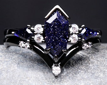 Great Rift Nebula Ring Coffin Kite Cut Sandstone, Black Rhodium Engagement Ring Set, Black Ring, 925 Sterling Silver, Blue Sandstone