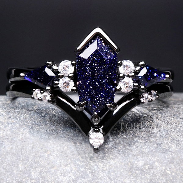 Great Rift Nebula Ring Coffin Kite Cut Sandstone, Black Rhodium Engagement Ring Set, Black Ring, 925 Sterling Silver