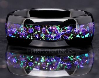 Ghost Nebula Ring, Tungsten Wedding Band, Rosette Nebula with Sapphire Gemstone, Green Space Ring, Black, Dome, Polish, Ring Engraving