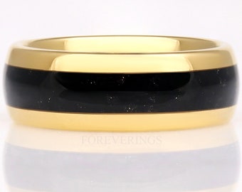 Black Onyx Mens Gold Tungsten Ring, 8mm Mens Wedding Band, Crushed Black Onyx Ring, Polished, Dome, Unique Wedding Band, Ring Engraving