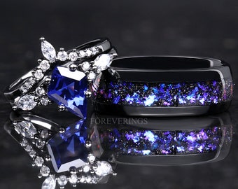 Orion Nebula Ring Set, His and Hers Wedding Band, Sapphire, Black Gold Filled Ring, Outer Space Couples Ring, Tungsten and 925 Silver