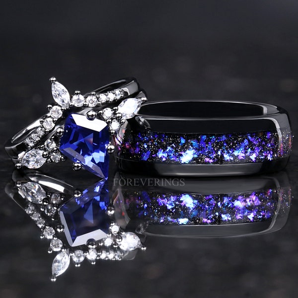 Orion Nebula Ring Set, His and Hers Wedding Band, Sapphire, Black Gold Filled Ring, Outer Space Couples Ring, Tungsten and 925 Silver