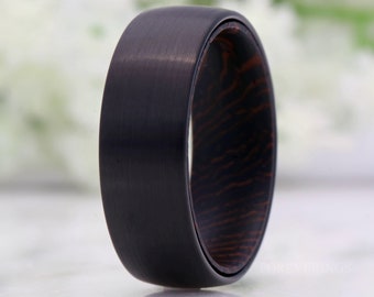 Wenge Wood and Tungsten Ring, Mens Wedding Band, Dark Wood Ring, 8mm Black Band, Matte Brushed, Comfort Fit, Dome, Gift for Him