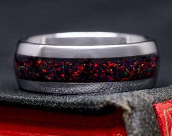 Black Fire Opal Tungsten Ring - Men's Wedding Band, 8mm Silver Dome Ring, Crushed Black Opal & Red Inlay, Polished Promise Ring for Him